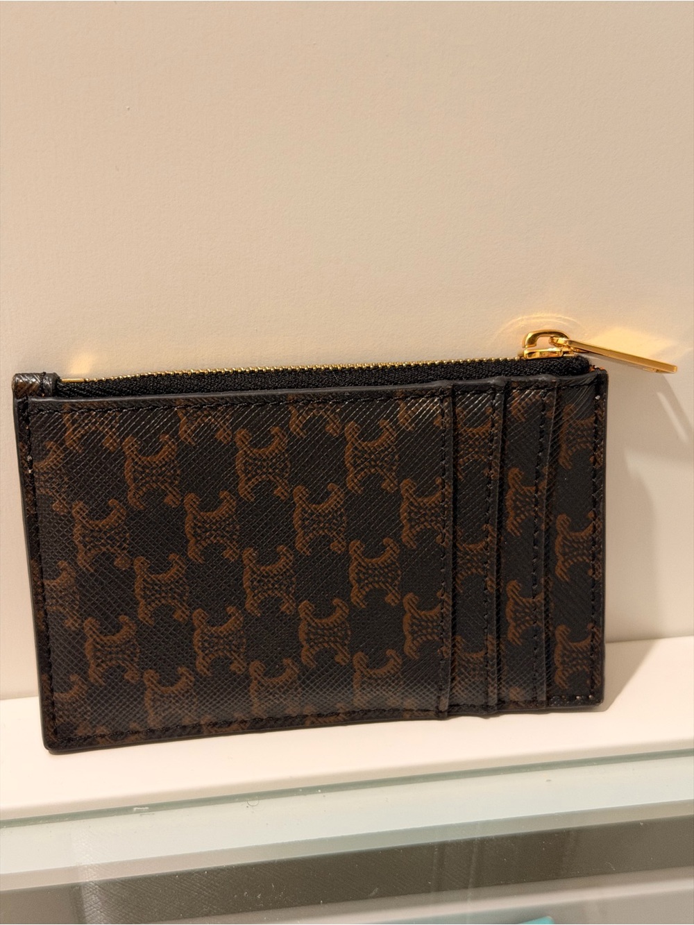 Celine Monogram Card Holder Zip Wallet in Brown/Black